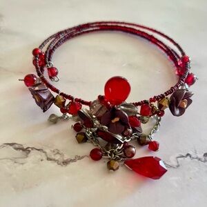 Striking Red and Brown Choker Necklace with Beads and Stones